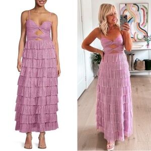 Gianni Bini Grace Metallic Plisse Sweetheart Neck Cut-Out Tiered Dress NWT